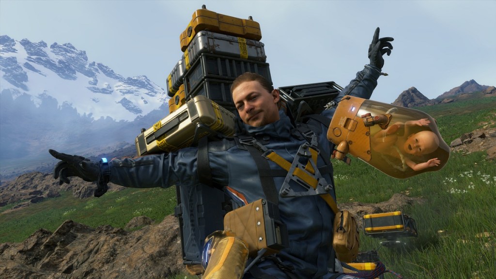 Death Stranding: Sam on a hill posing with his arms stretched out.