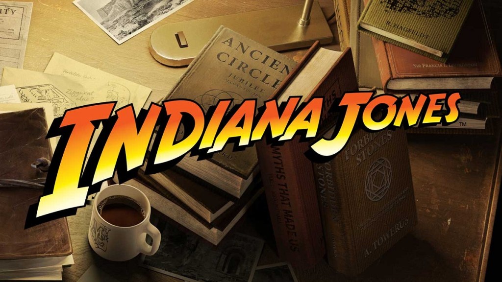 Indiana Jones logo with some dusty books on a table in the background.