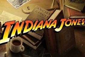 Indiana Jones logo with some dusty books on a table in the background.