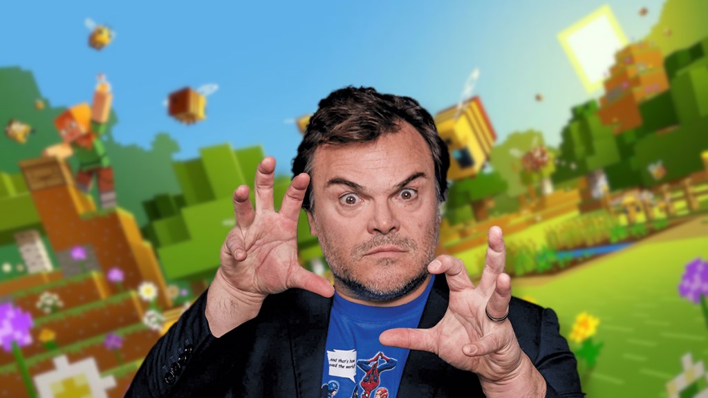 Jack Black posing with a Minecraft image behind him.