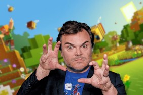 Jack Black posing with a Minecraft image behind him.