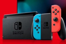 A Nintendo Switch and JoyCon controller with a screen behind it, all on a red background.
