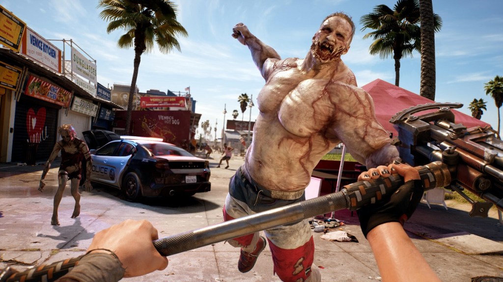 Dead Island 2: a beefy, shirtless zombie leaping at the player, about to bunch them.