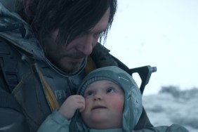 Death Stranding 2: Sam Porter Bridges holding a baby close to his face.