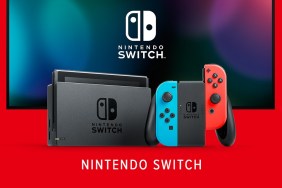 Nintendo Switch and a TV screen behind it, all on a red background.