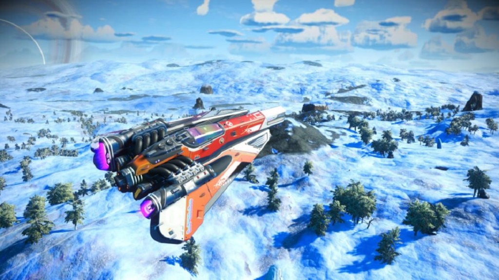 No Man's Sky: a ship flying over a cold tundra of a planet.