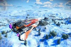 No Man's Sky: a ship flying over a cold tundra of a planet.