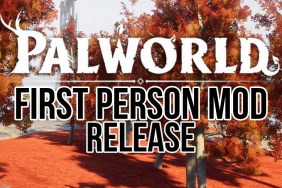 The words Palworld First Person Mod Release with an autumnal forest in the background.
