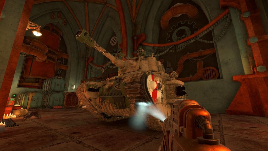 PowerWash Simulator: a Warhammer 40K tank being cleaned with water.