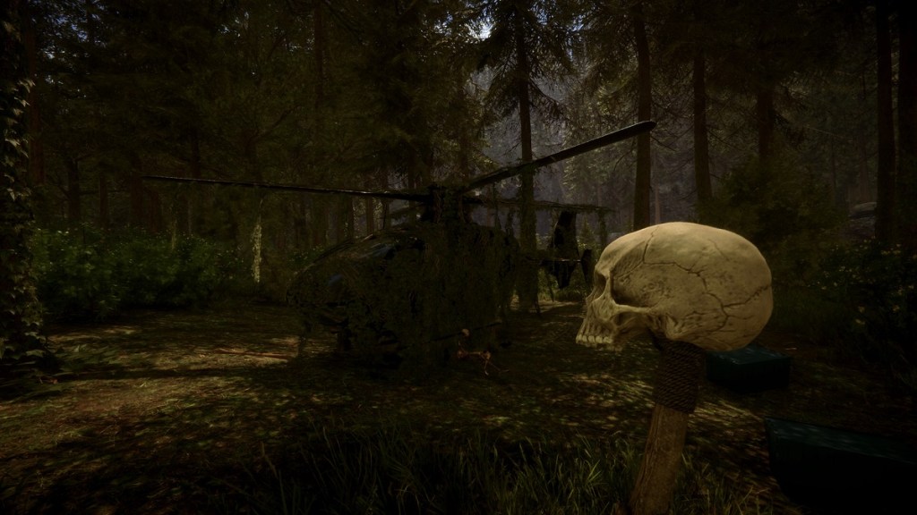 Sons of the Forest: a helicopter covered in vines with a skull on a stick in the foreground.