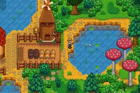 Stardew Valley: a character is fishing in a small lake behind a mill.