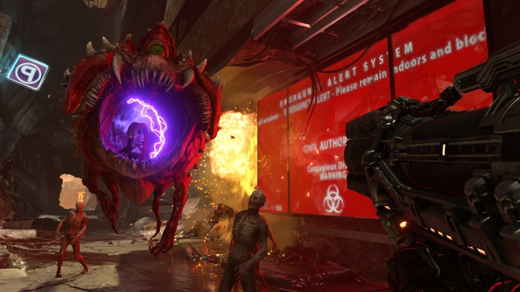Doom Eternal : un Cacodémon bouche bée sur le point d'attaquer le joueur.
