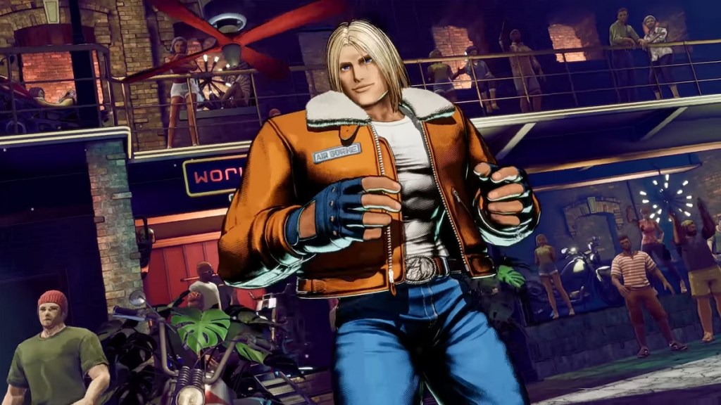 Fatal Fury City of the Wolves: Terry Bogard preparing to fight as audience members behind him watch.