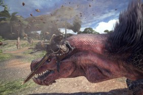 Monster Hunter World: a player climbing onto the head of a giant monster.