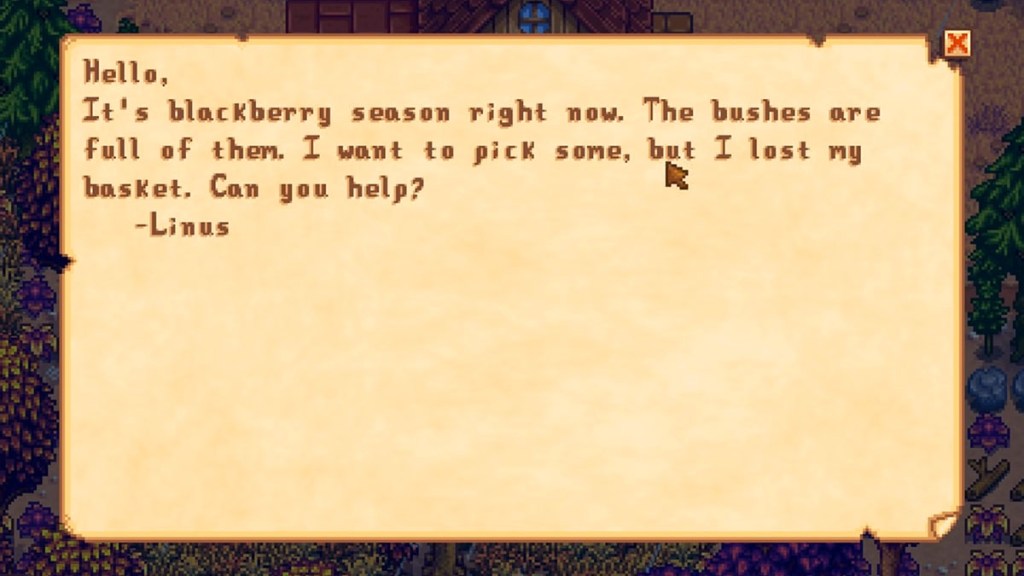 Stardew Valley Linus Basket Letter