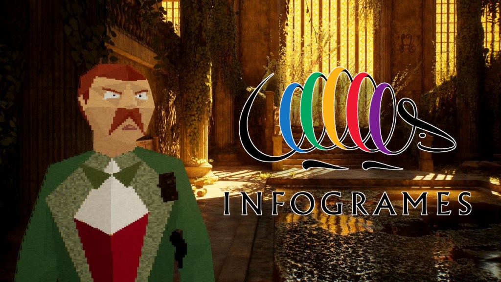 Alone in the Dark: a low-poly Edward Carnby looking at the Infogrames logo.