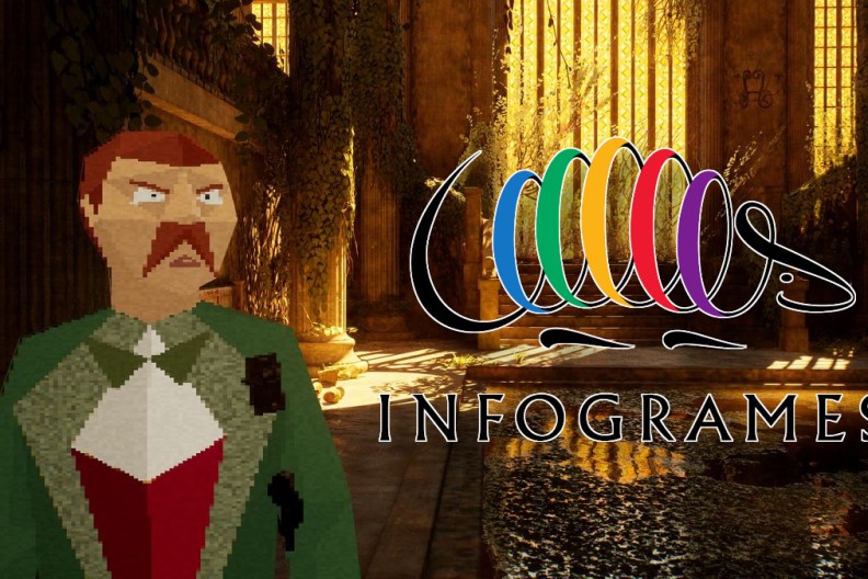 Alone in the Dark: a low-poly Edward Carnby looking at the Infogrames logo.