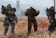 Fallout 76: three people in Brotherhood of Steel armor standing in a field.