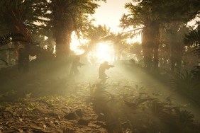 Helldiver 2: soldiers walking through a forest as shafts of sunlight come through the trees.