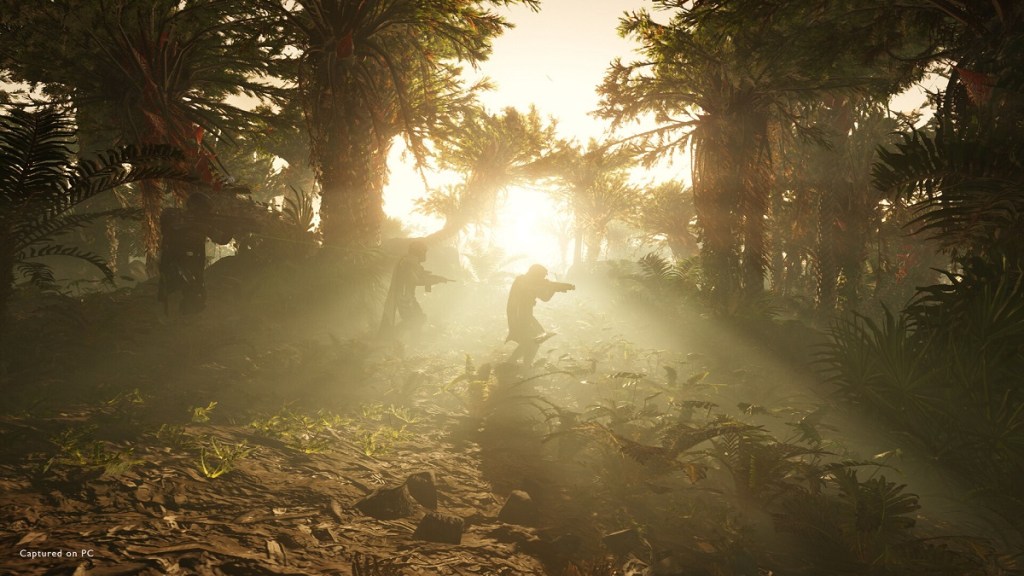 Helldiver 2: soldiers walking through a forest as shafts of sunlight come through the trees.