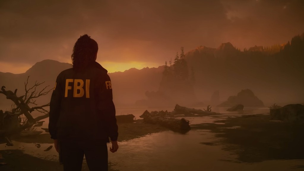 Alan Wake 2: Saga Anderson looking out into a watery marshland that's bathed in orange.