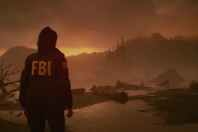 Alan Wake 2: Saga Anderson looking out into a watery marshland that's bathed in orange.