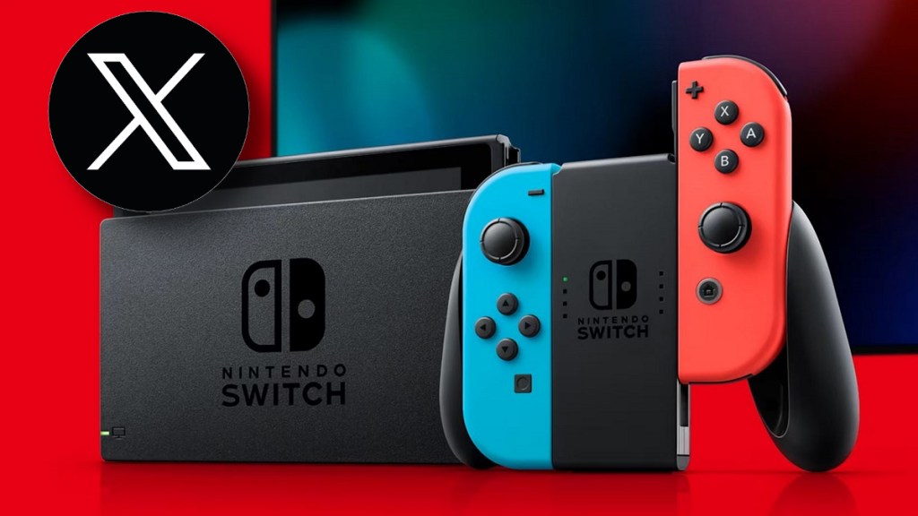 Nintendo Switch on a red background with the Twitter/X logo in the top-left.