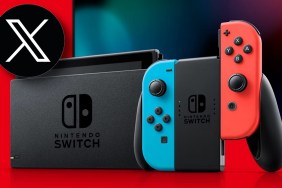 Nintendo Switch on a red background with the Twitter/X logo in the top-left.