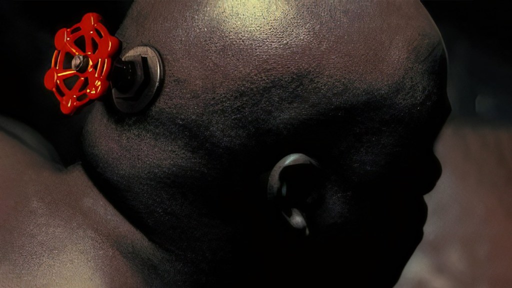 Valve: a red valve pump on the back of someone's head.