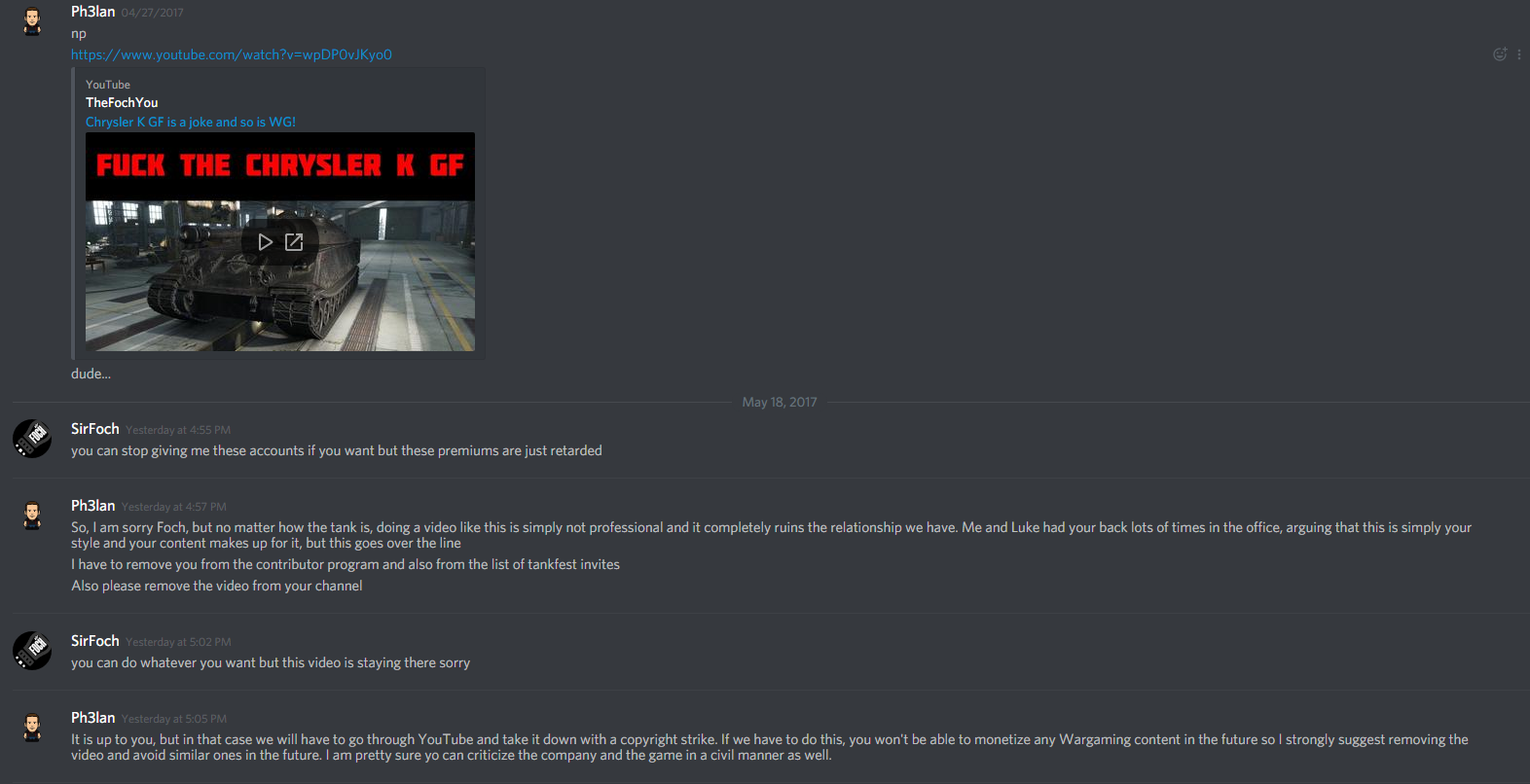 Wargaming Rep Threatens Copyright Strike In These Discord Messages #1