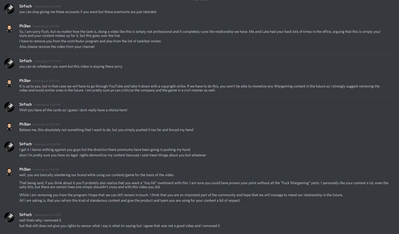 Wargaming Rep Threatens Copyright Strike In These Discord Messages #2